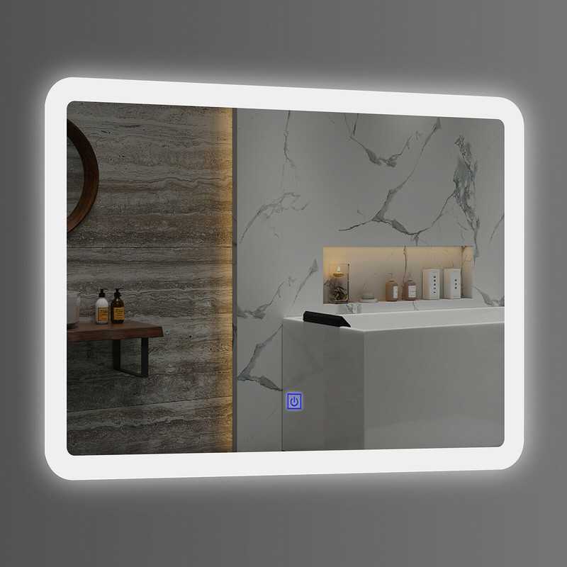 LED Wall-Mounted Bathroom Mirror with Touch Rounded Arc Corner Design for Elegant Lighting