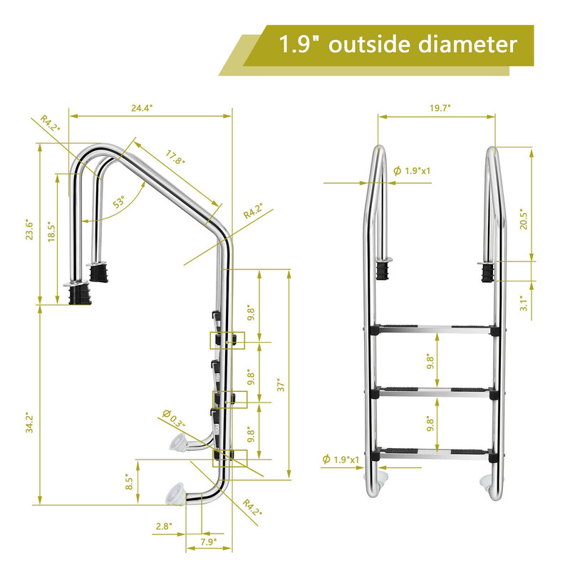 3 Step Stainless Steel Swimming Pool Ladder with Anti Slip Step Heavy Duty & Safe