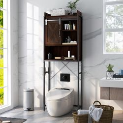 4 tier multifunctional toilet storage cabinet with adjustable shelf & sliding barn door