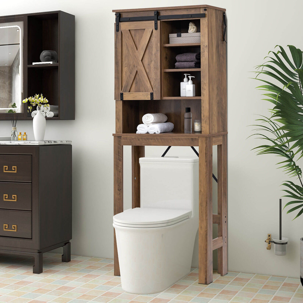 Wooden Bathroom Storage Cabinet with Sliding Door & 3 Level Adjustable Shelves