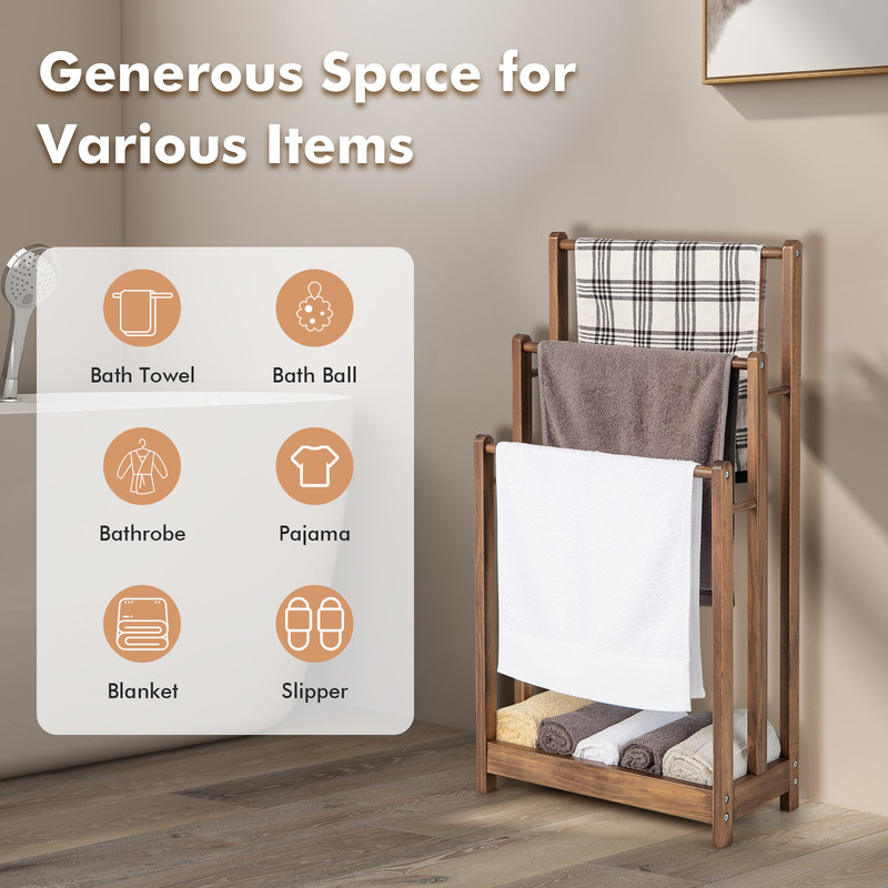 Freestanding Towel Rack 3 Bar Hand Towel Drying Stand with Bottom Storage Shelf