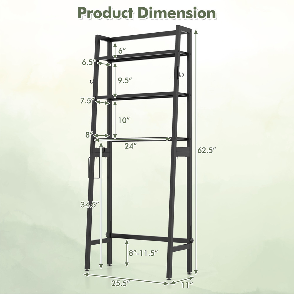 3 Tier Over Toilet Storage Shelf with Adjustable Bottom Bar Space-Saving Bathroom Organizer