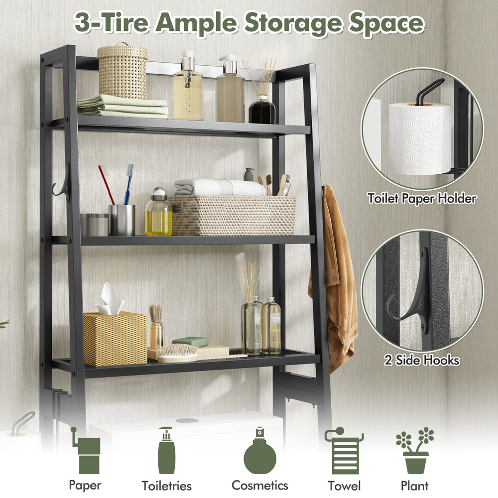 3 Tier Over Toilet Storage Shelf with Adjustable Bottom Bar Space-Saving Bathroom Organizer
