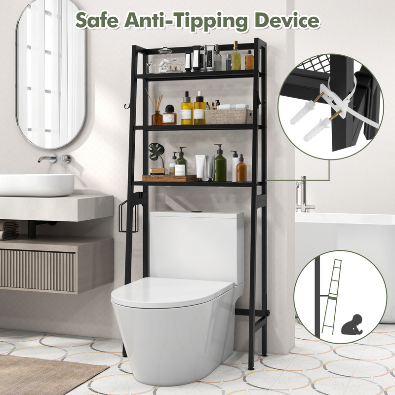 3 Tier Over Toilet Storage Shelf with Adjustable Bottom Bar Space-Saving Bathroom Organizer