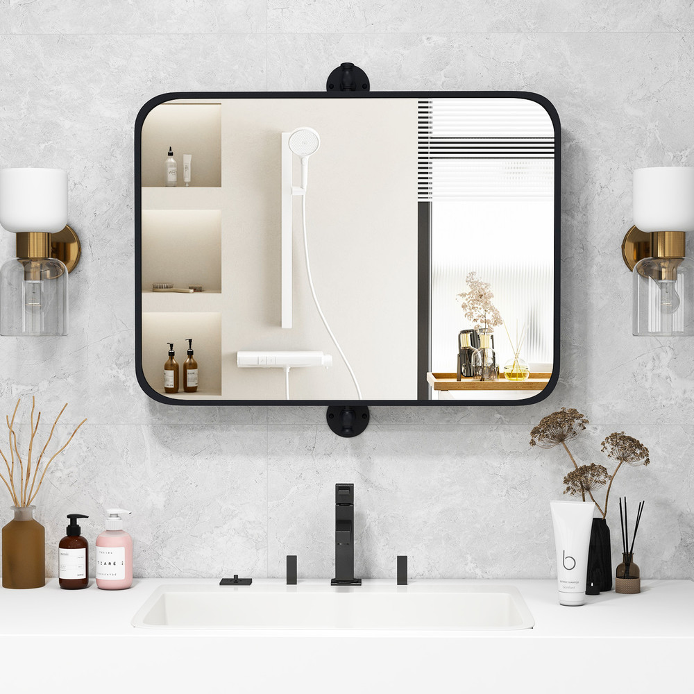 30 x 22 Inch Black Metal Framed Pivot Mirror, Rectangle Wall-Mounted Tilting Mirror