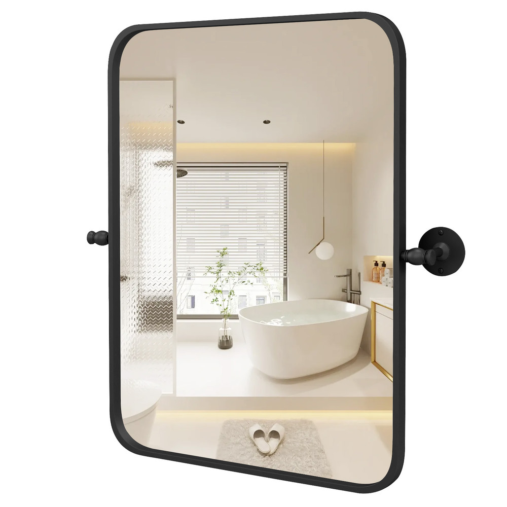 30 x 22 Inch Black Metal Framed Pivot Mirror, Rectangle Wall-Mounted Tilting Mirror