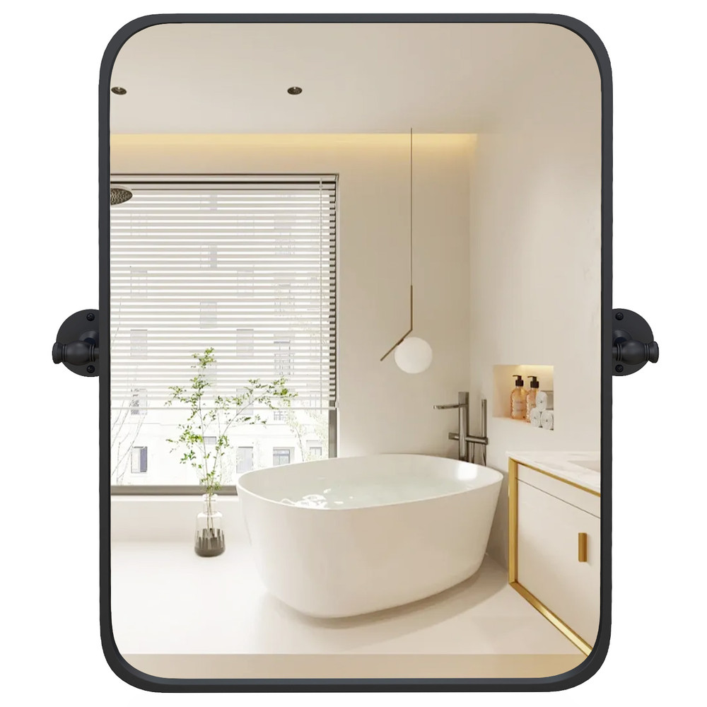 30 x 22 Inch Black Metal Framed Pivot Mirror, Rectangle Wall-Mounted Tilting Mirror