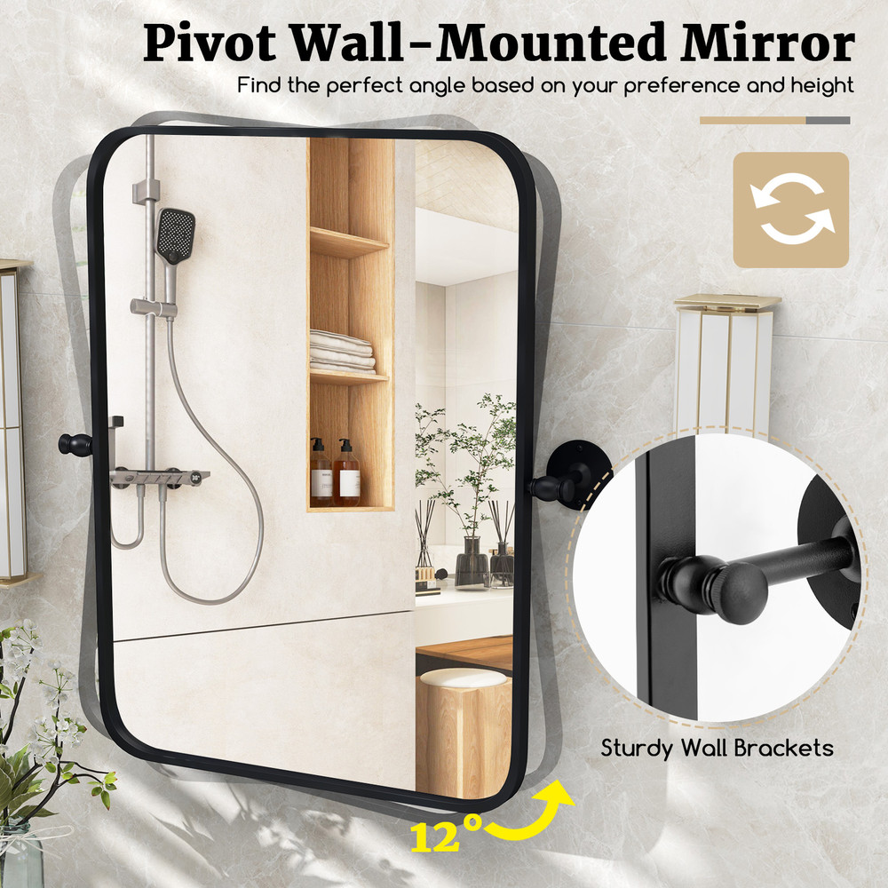 30 x 22 Inch Black Metal Framed Pivot Mirror, Rectangle Wall-Mounted Tilting Mirror