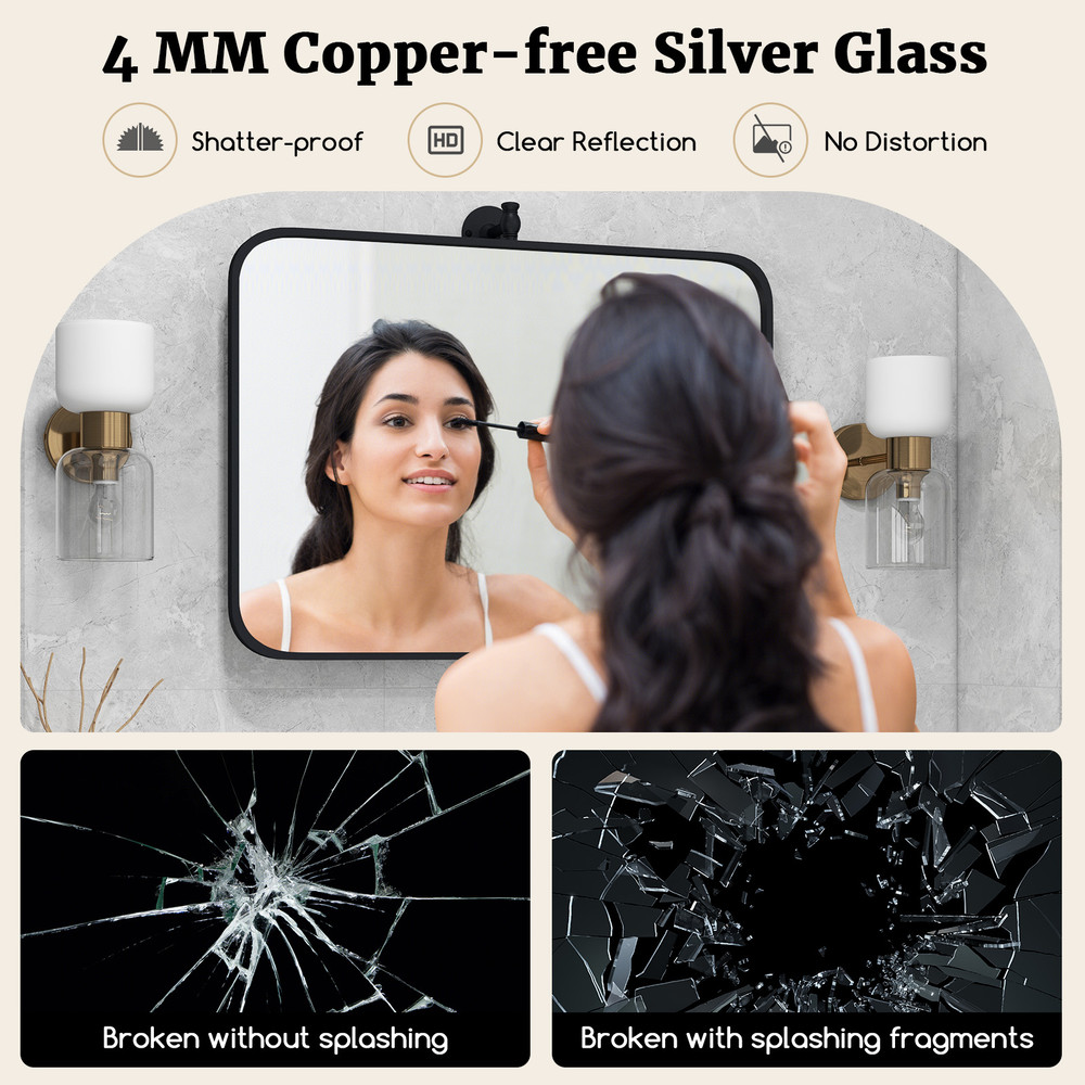 30 x 22 Inch Black Metal Framed Pivot Mirror, Rectangle Wall-Mounted Tilting Mirror