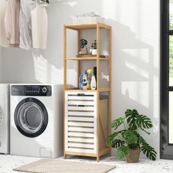 3-tier tilt-out laundry hamper with storage shelves for laundry room, natural & white