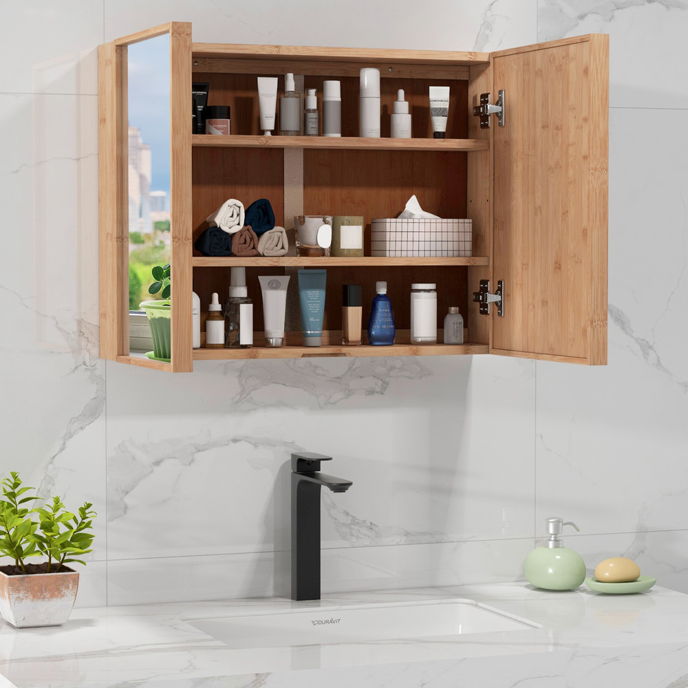 Double Door Bathroom Wall Cabinet with Mirror & Adjustable Shelves, Natural Bamboo