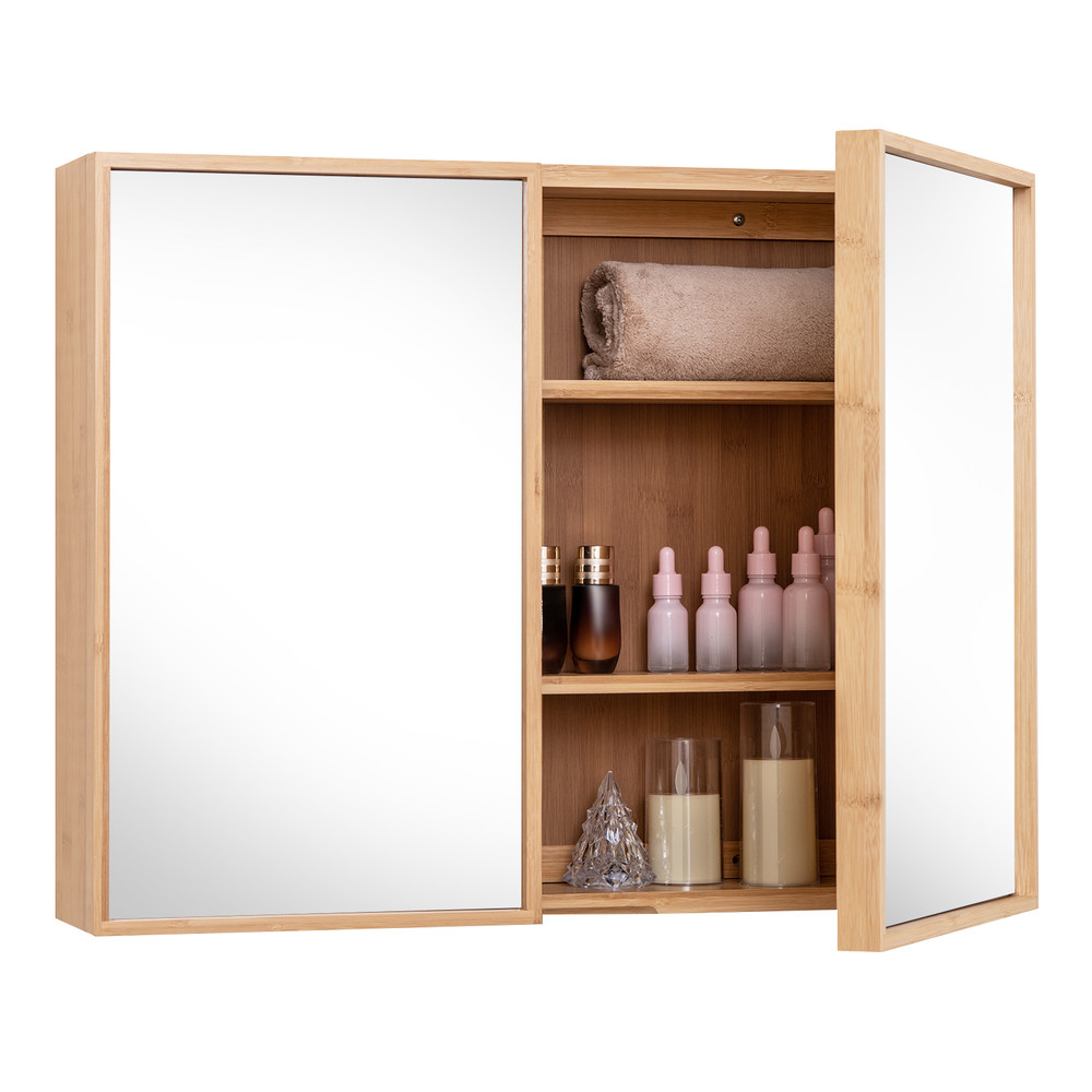 Double Door Bathroom Wall Cabinet with Mirror & Adjustable Shelves, Natural Bamboo