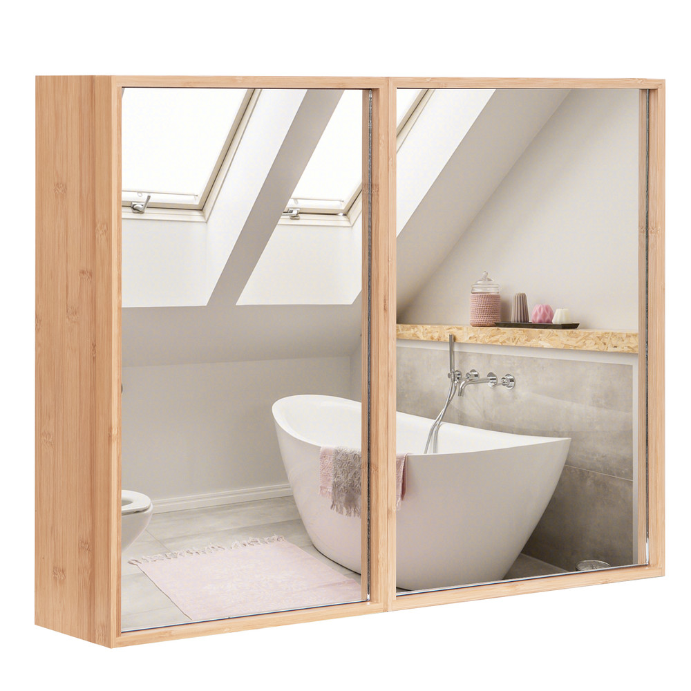 Double Door Bathroom Wall Cabinet with Mirror & Adjustable Shelves, Natural Bamboo