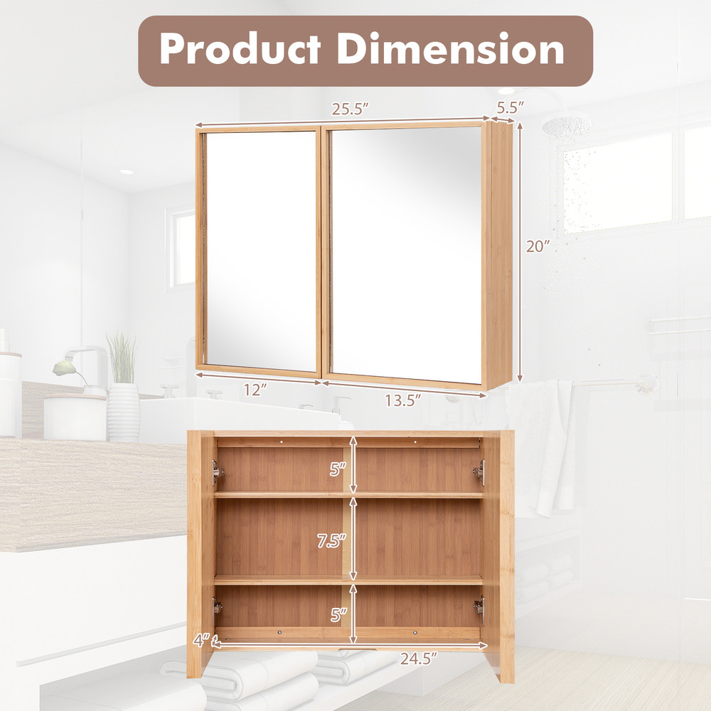 Double Door Bathroom Wall Cabinet with Mirror & Adjustable Shelves, Natural Bamboo