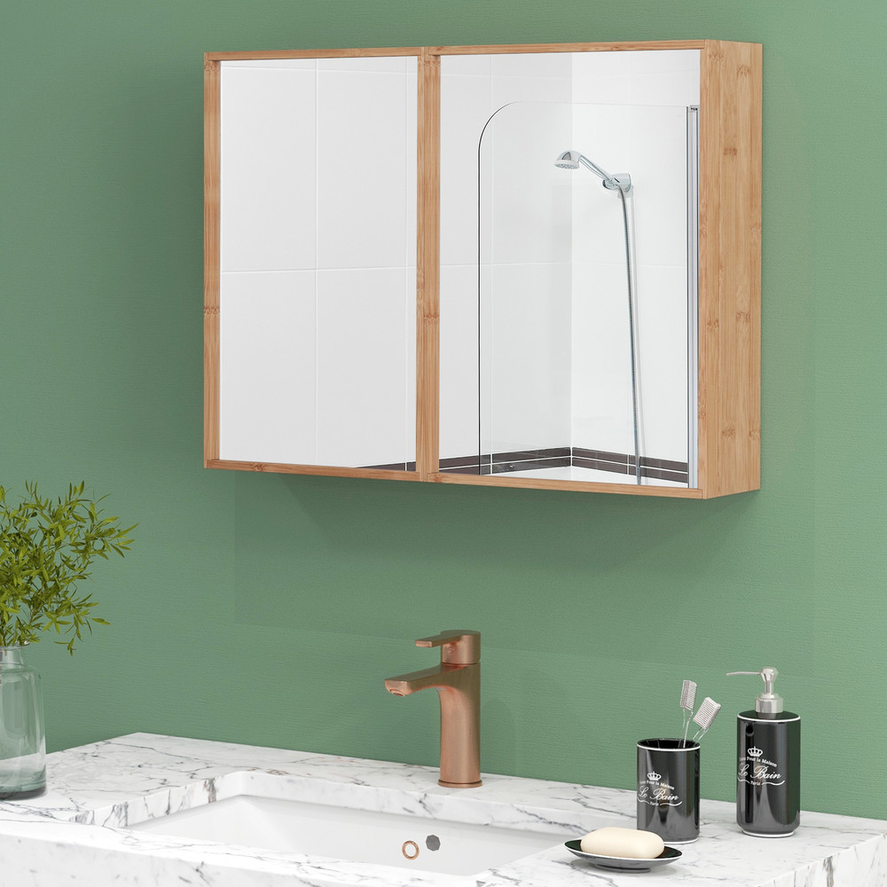 Double Door Bathroom Wall Cabinet with Mirror & Adjustable Shelves, Natural Bamboo
