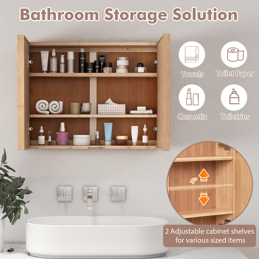 Double Door Bathroom Wall Cabinet with Mirror & Adjustable Shelves, Natural Bamboo
