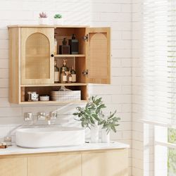 bathroom wall cabinet with pe rattan doors, adjustable shelves, natural boho style