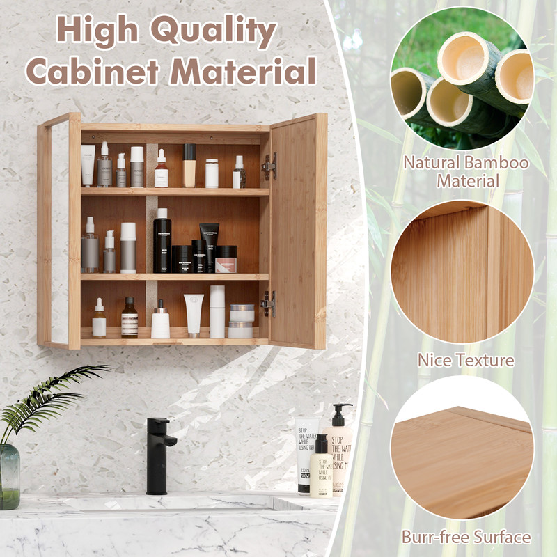Double Door Bathroom Wall Cabinet with Mirror & Adjustable Shelves, Natural Bamboo