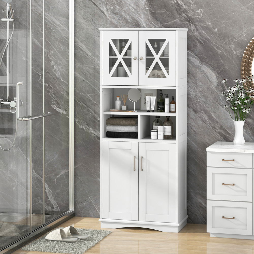 Farmhouse Style Bathroom Cabinet, Tall Floor Storage with Adjustable Shelves & Acrylic Doors