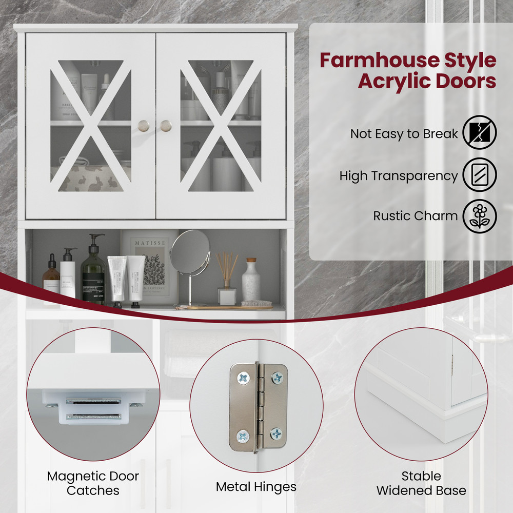 Farmhouse Style Bathroom Cabinet, Tall Floor Storage with Adjustable Shelves & Acrylic Doors