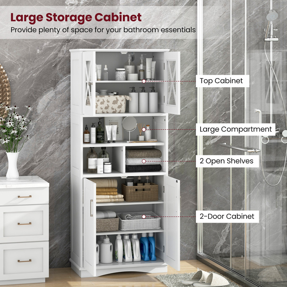Farmhouse Style Bathroom Cabinet, Tall Floor Storage with Adjustable Shelves & Acrylic Doors