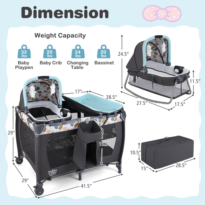 4 in 1 Convertible Baby Playard with Music & Toys, Portable Playpen, Bassinet & Changer