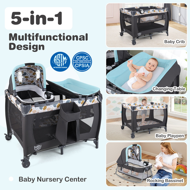 4 in 1 Convertible Baby Playard with Music & Toys, Portable Playpen, Bassinet & Changer