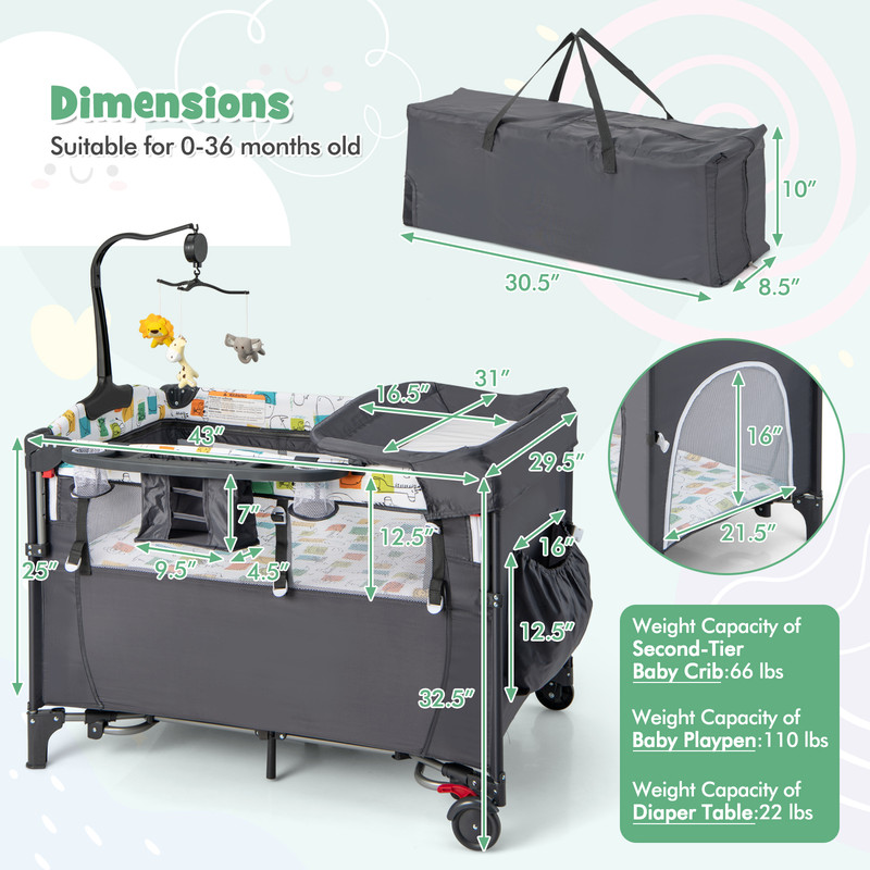 5 In 1 Foldable Baby Playpen Bedside Crib With Music Box Multi Functional Bassinet Diaper Changer 4