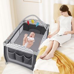 multi functional baby playard 3 in 1 portable playpen with zipper door, toy bar & removable bassinet