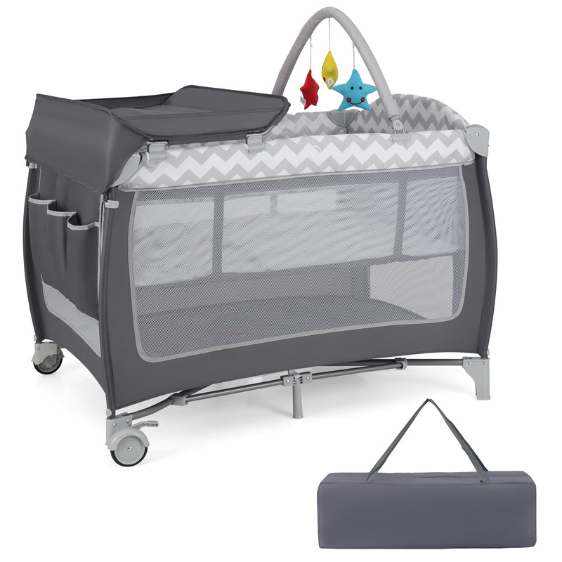 Multi Functional Baby Playard 3 in 1 Portable Playpen with Zipper Door, Toy Bar & Removable Bassinet