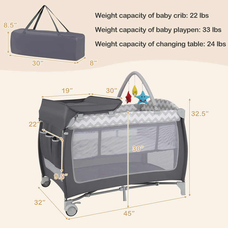 Multi Functional Baby Playard 3 in 1 Portable Playpen with Zipper Door, Toy Bar & Removable Bassinet