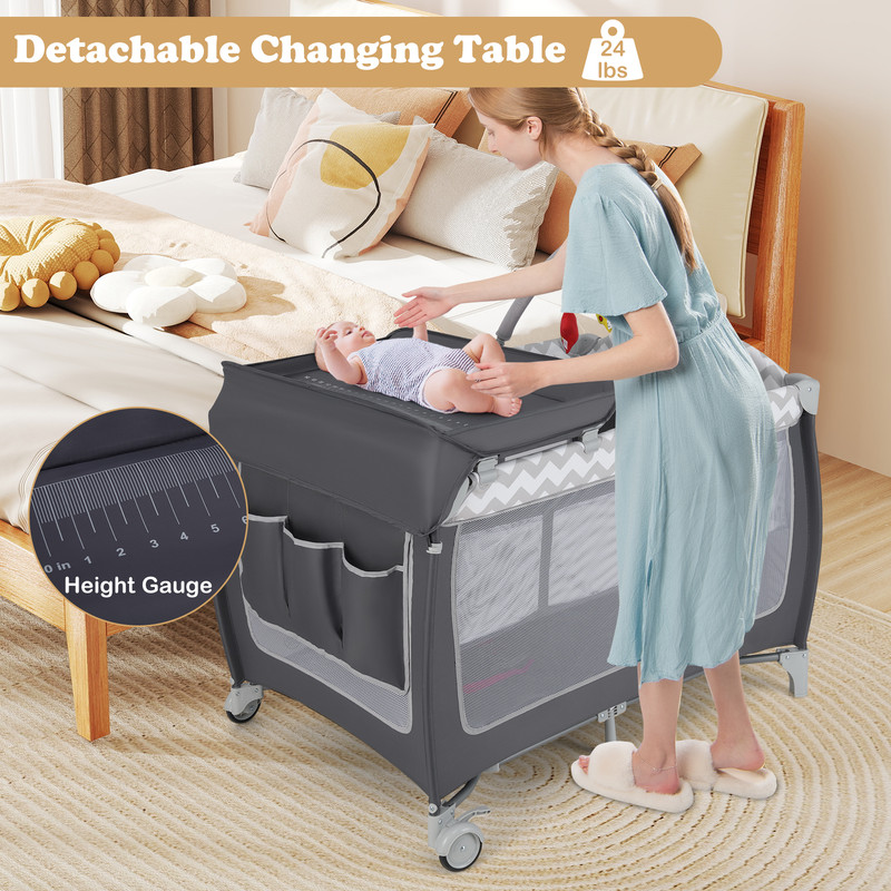 Multi Functional Baby Playard 3 in 1 Portable Playpen with Zipper Door, Toy Bar & Removable Bassinet