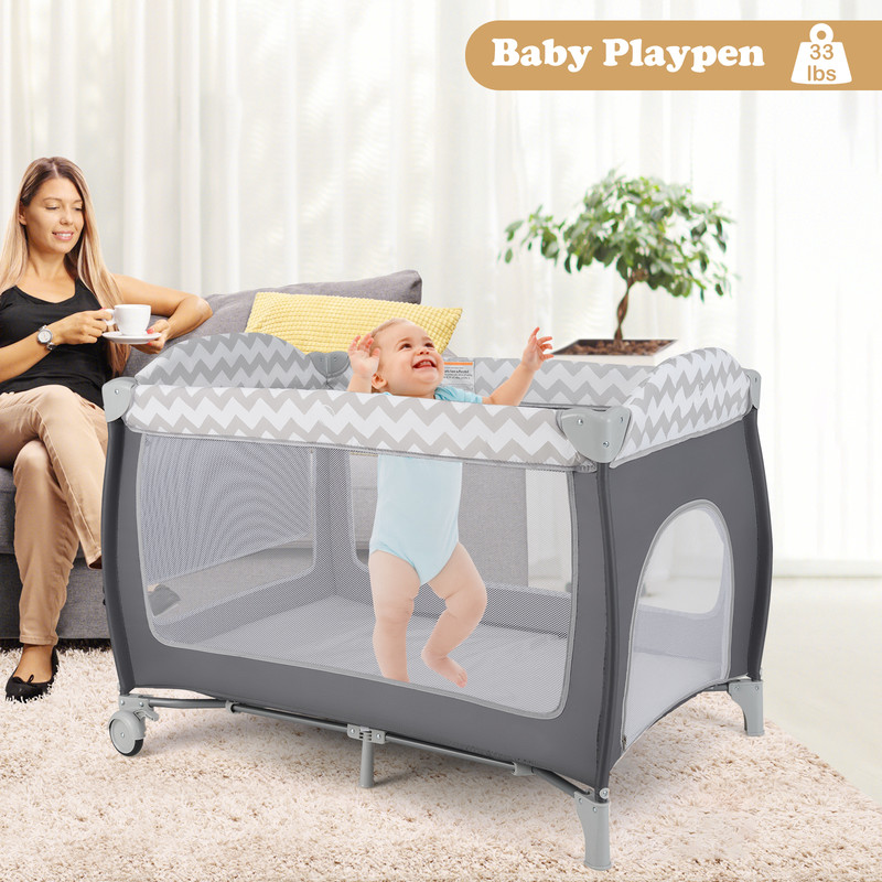 Multi Functional Baby Playard 3 in 1 Portable Playpen with Zipper Door, Toy Bar & Removable Bassinet