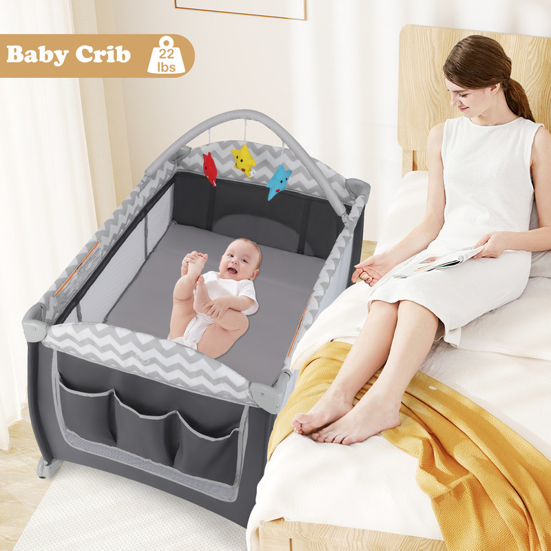 Multi Functional Baby Playard 3 in 1 Portable Playpen with Zipper Door, Toy Bar & Removable Bassinet