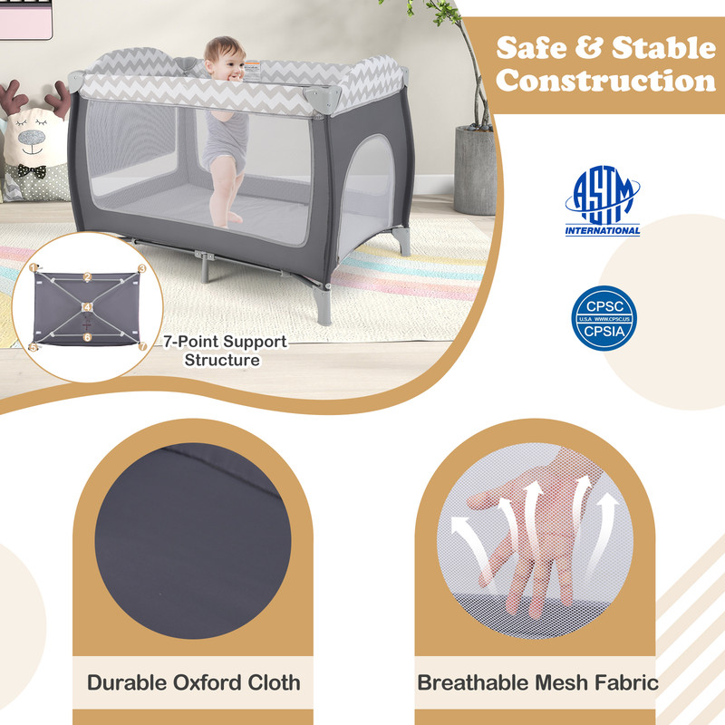 Multi Functional Baby Playard 3 in 1 Portable Playpen with Zipper Door, Toy Bar & Removable Bassinet