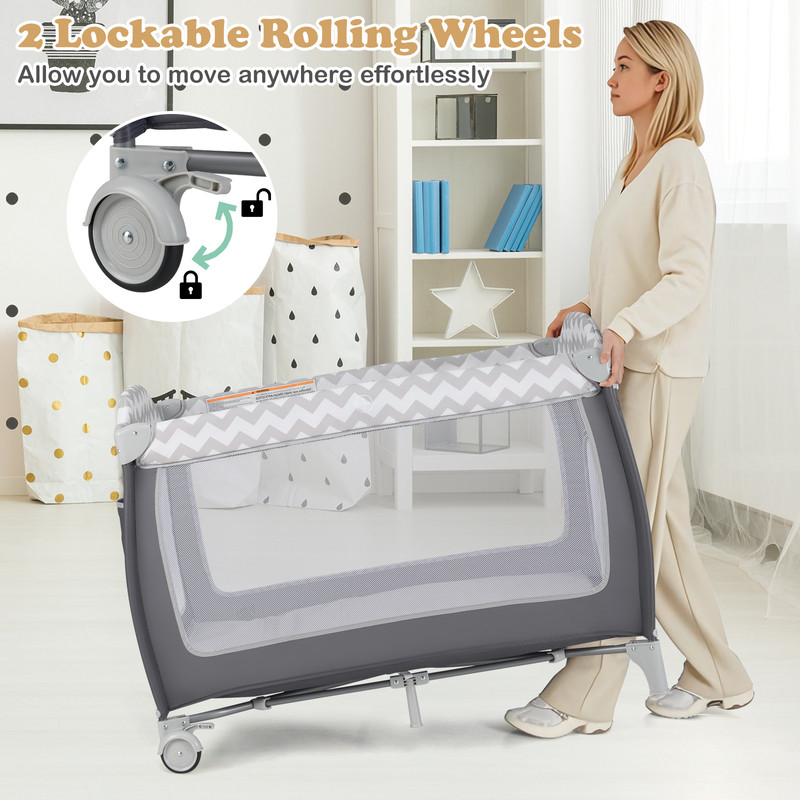 Multi Functional Baby Playard 3 in 1 Portable Playpen with Zipper Door, Toy Bar & Removable Bassinet