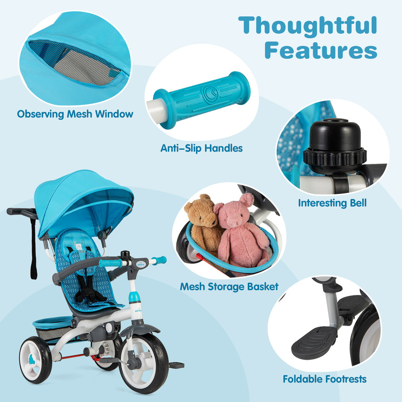 5-in-1 Detachable Baby Stroller Tricycle with Round Canopy