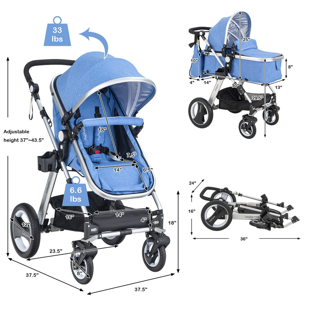 Folding Aluminum Baby Stroller & Jogger with Diaper Bag, Lightweight & Multi-Functional
