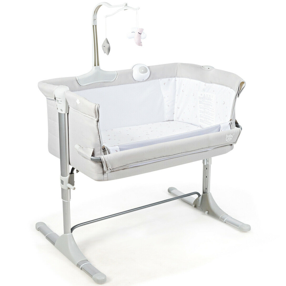 Height Adjustable Baby Side Crib with Music Box & Toys, Portable Co-Sleeper Bassinet