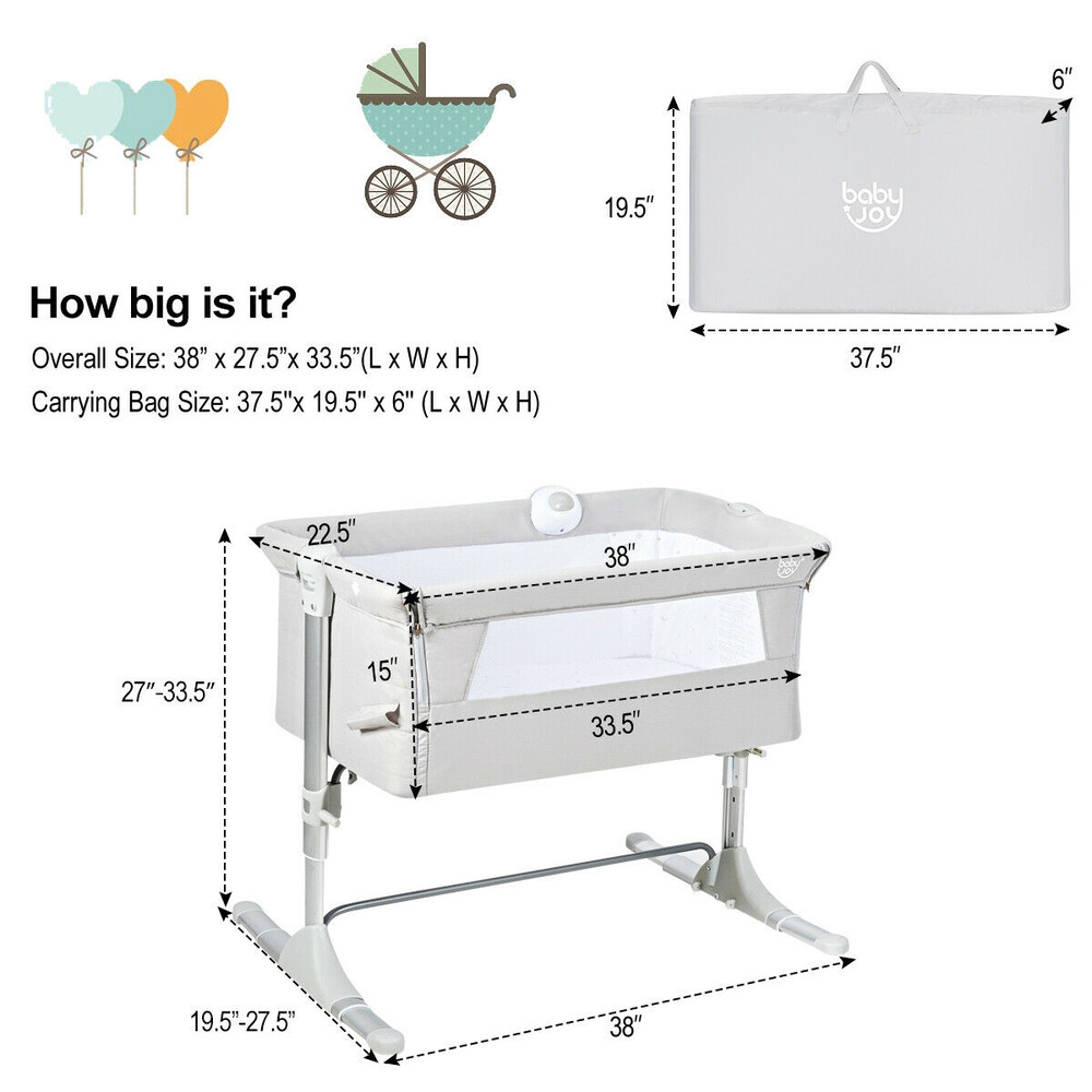 Height Adjustable Baby Side Crib with Music Box & Toys, Portable Co-Sleeper Bassinet