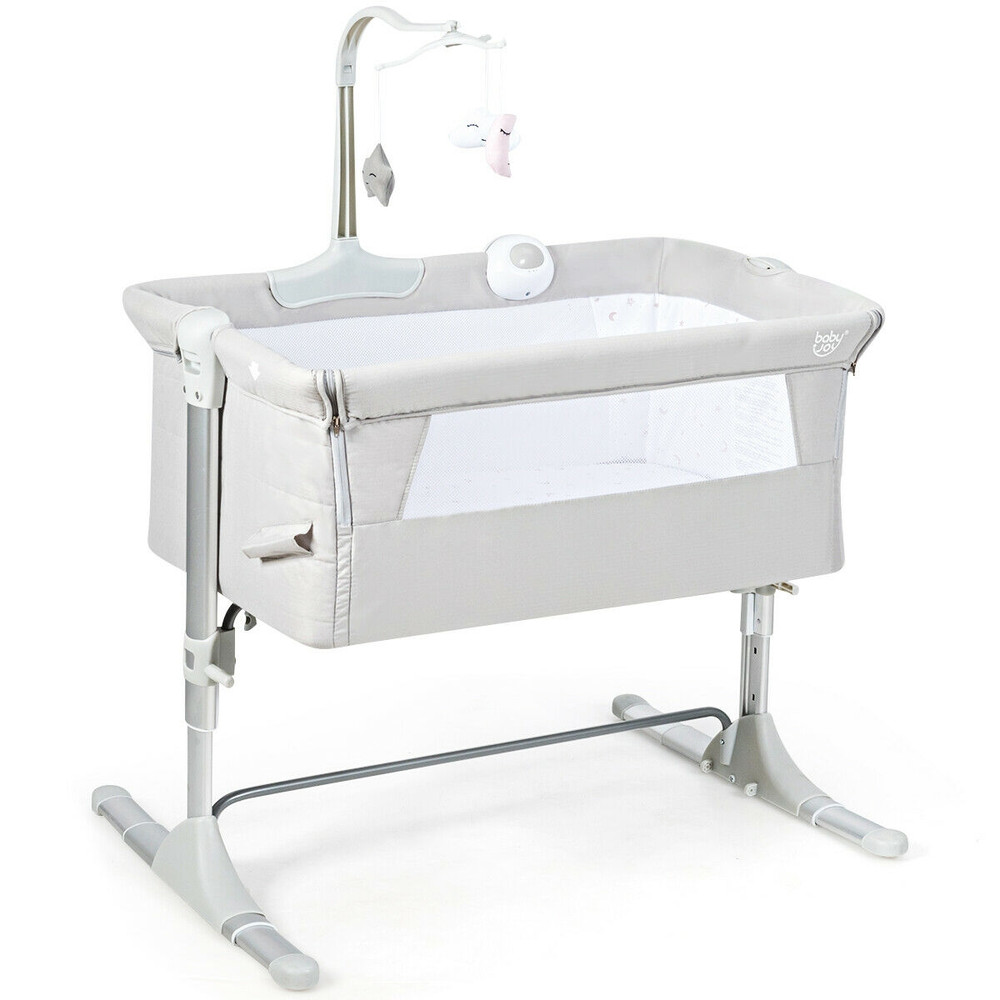 Height Adjustable Baby Side Crib with Music Box & Toys, Portable Co-Sleeper Bassinet