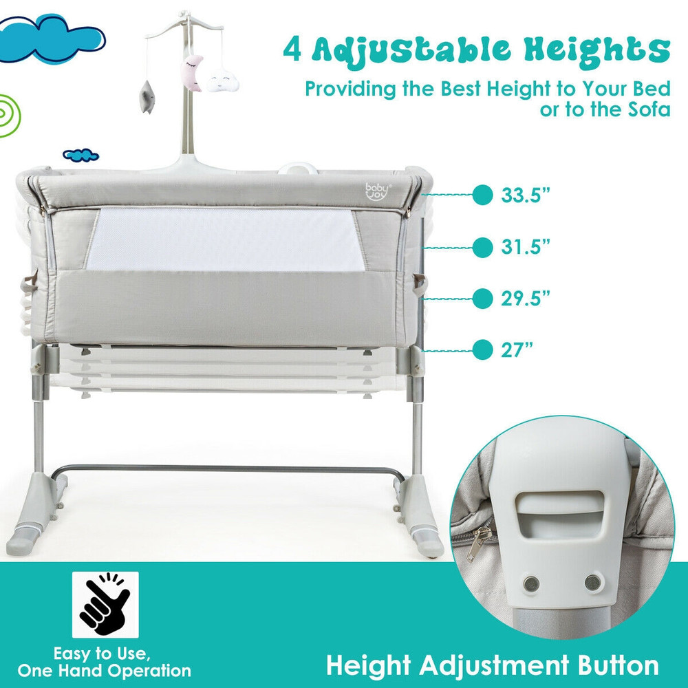 Height Adjustable Baby Side Crib with Music Box & Toys, Portable Co-Sleeper Bassinet