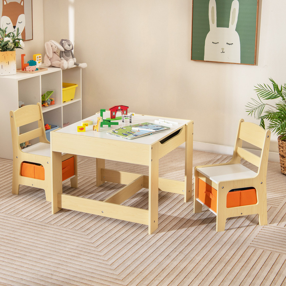 Kids Table and Chairs Set with Storage Boxes, Blackboard & Whiteboard Drawing Table for Toddlers