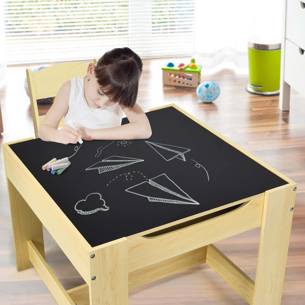 Kids Table and Chairs Set with Storage Boxes, Blackboard & Whiteboard Drawing Table for Toddlers