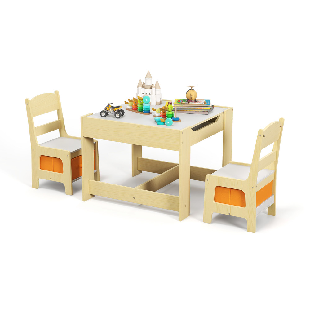 Kids Table and Chairs Set with Storage Boxes, Blackboard & Whiteboard Drawing Table for Toddlers