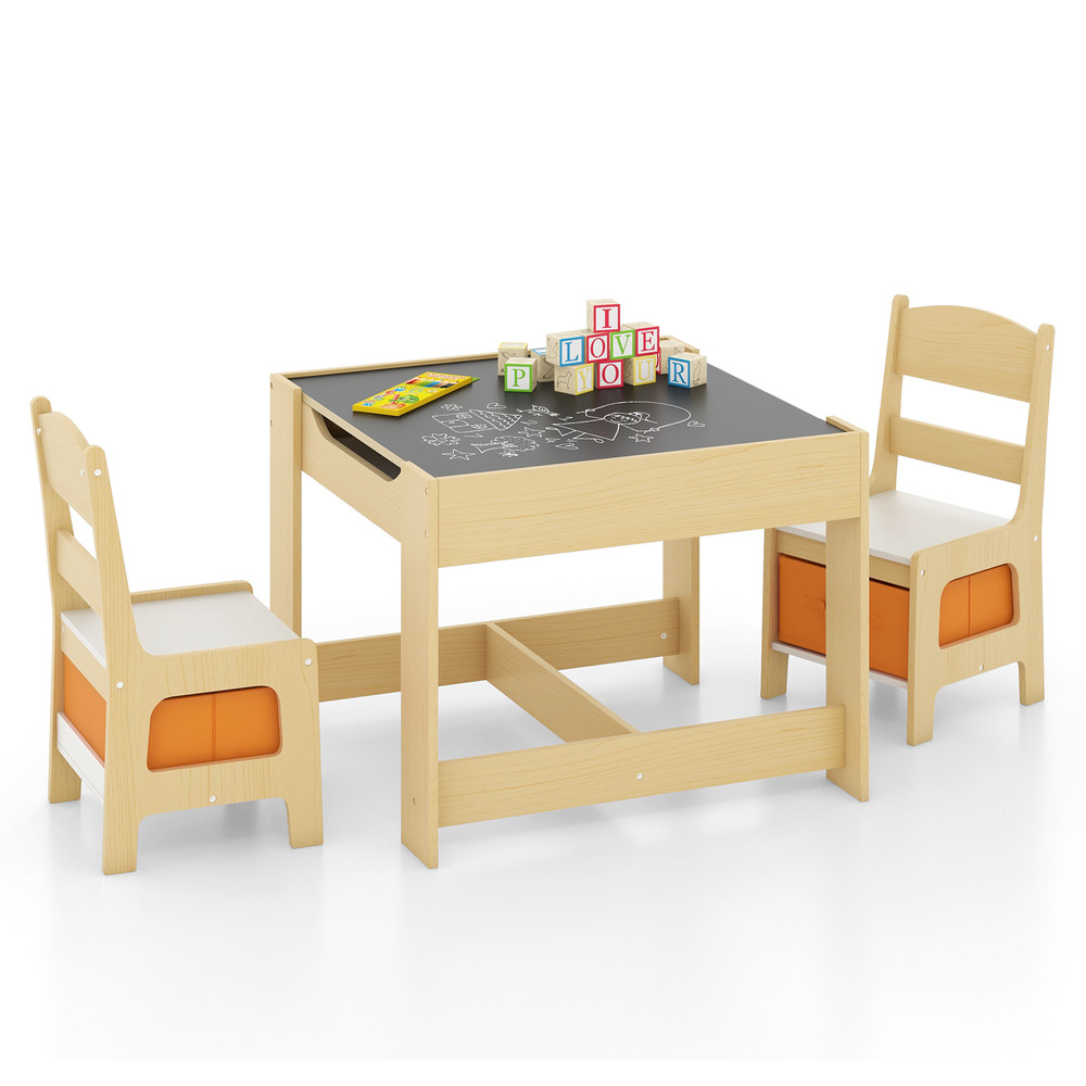 Kids Table and Chairs Set with Storage Boxes, Blackboard & Whiteboard Drawing Table for Toddlers