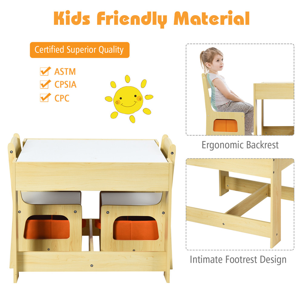 Kids Table and Chairs Set with Storage Boxes, Blackboard & Whiteboard Drawing Table for Toddlers