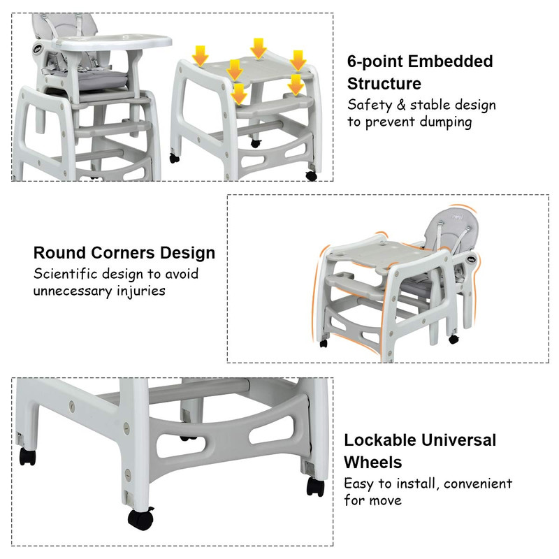 3-in-1 Baby High Chair with Lockable Universal Wheels, Convertible Toddler Dining & Rocking Chair