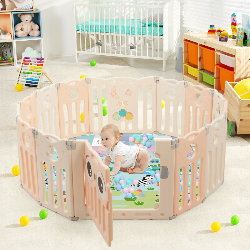 14-Panel Baby Playpen with Lock Door, Foldable Play Yard & Kids Activity Center