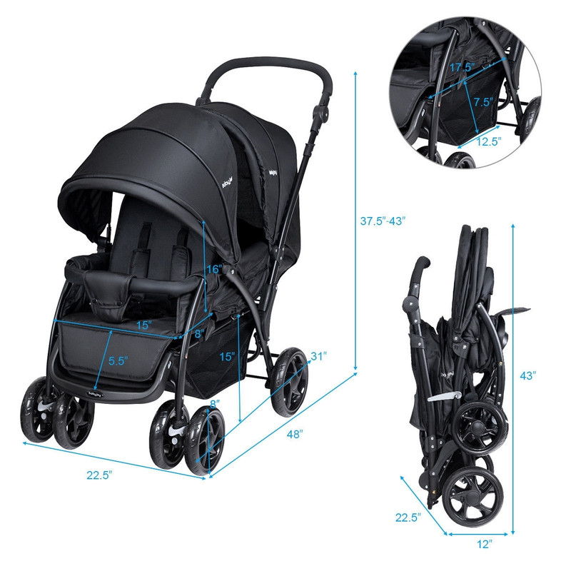 Foldable Lightweight Double Baby Stroller Front & Back Seats for Twins or Siblings